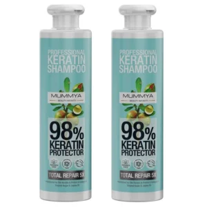 شامپو تقویت کننده، بازسازی کننده و محافظ رنگ موی بدون سولفات مومیا، سازگار با موهای نازک، رنگ شده و خشک، حاوی کراتین، پروتئین، کلاژن، روغن آرگان و جوجوبا، با حجم 500 میلی‌لیتر مدل ابریشم مجموعه 2 عددی